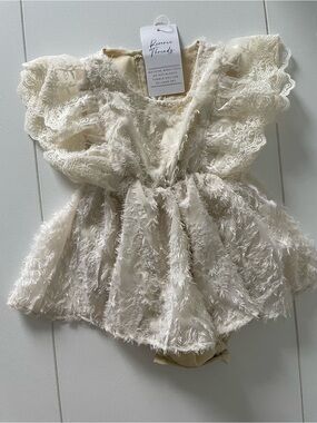 Cream Lace & Textured Flutter Dress for Girls